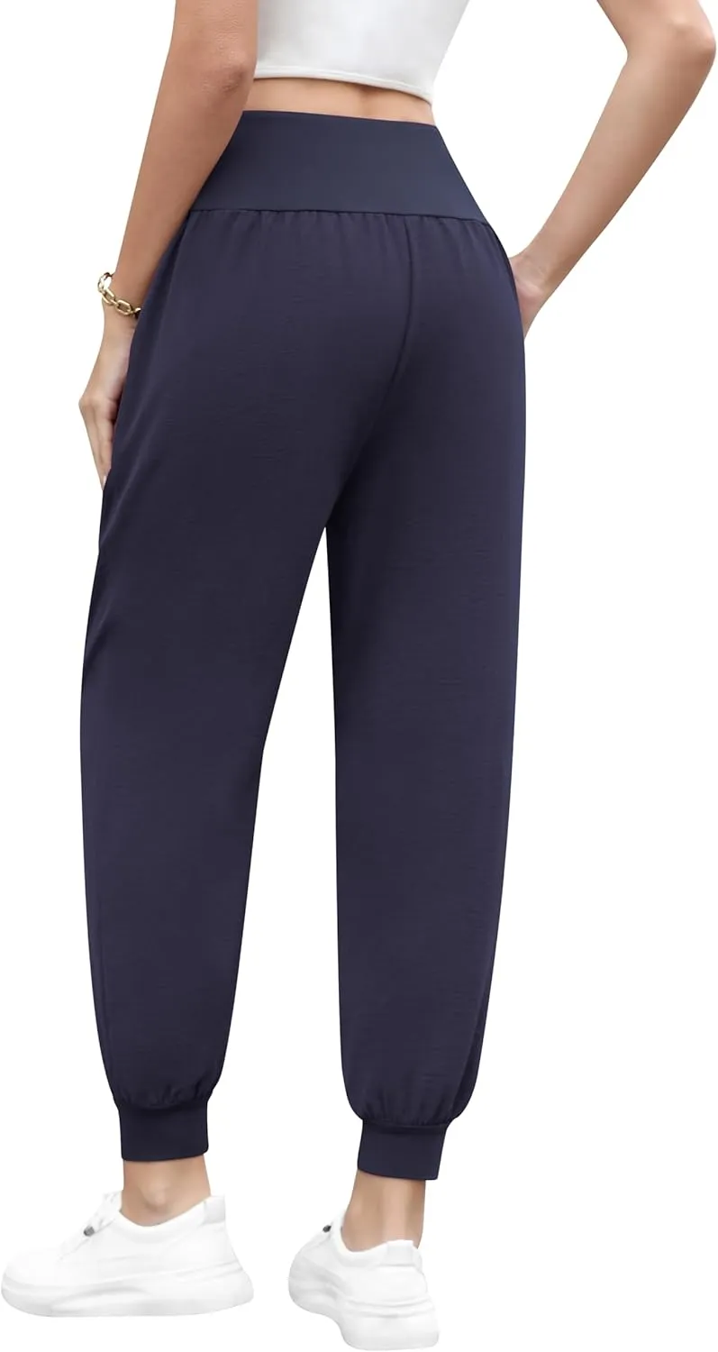 QUEZHU Women High Waist Joggers Palazzo Pants Fall Elastic Waist Casual Lounge Pants with Pockets