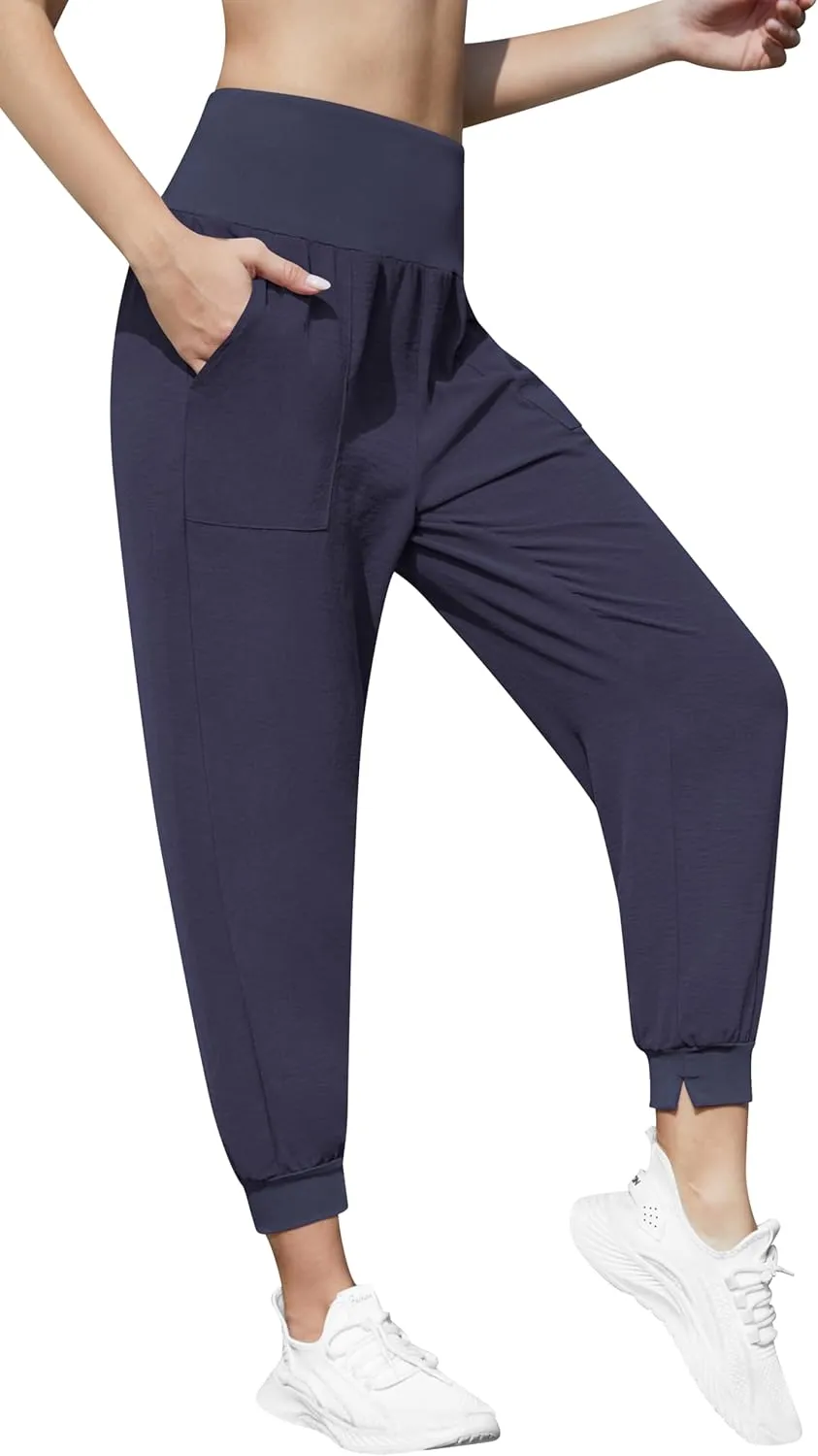 QUEZHU Women High Waist Joggers Palazzo Pants Fall Elastic Waist Casual Lounge Pants with Pockets