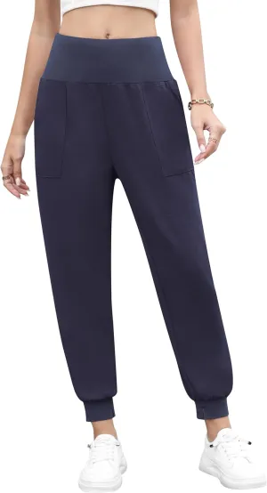 QUEZHU Women High Waist Joggers Palazzo Pants Fall Elastic Waist Casual Lounge Pants with Pockets