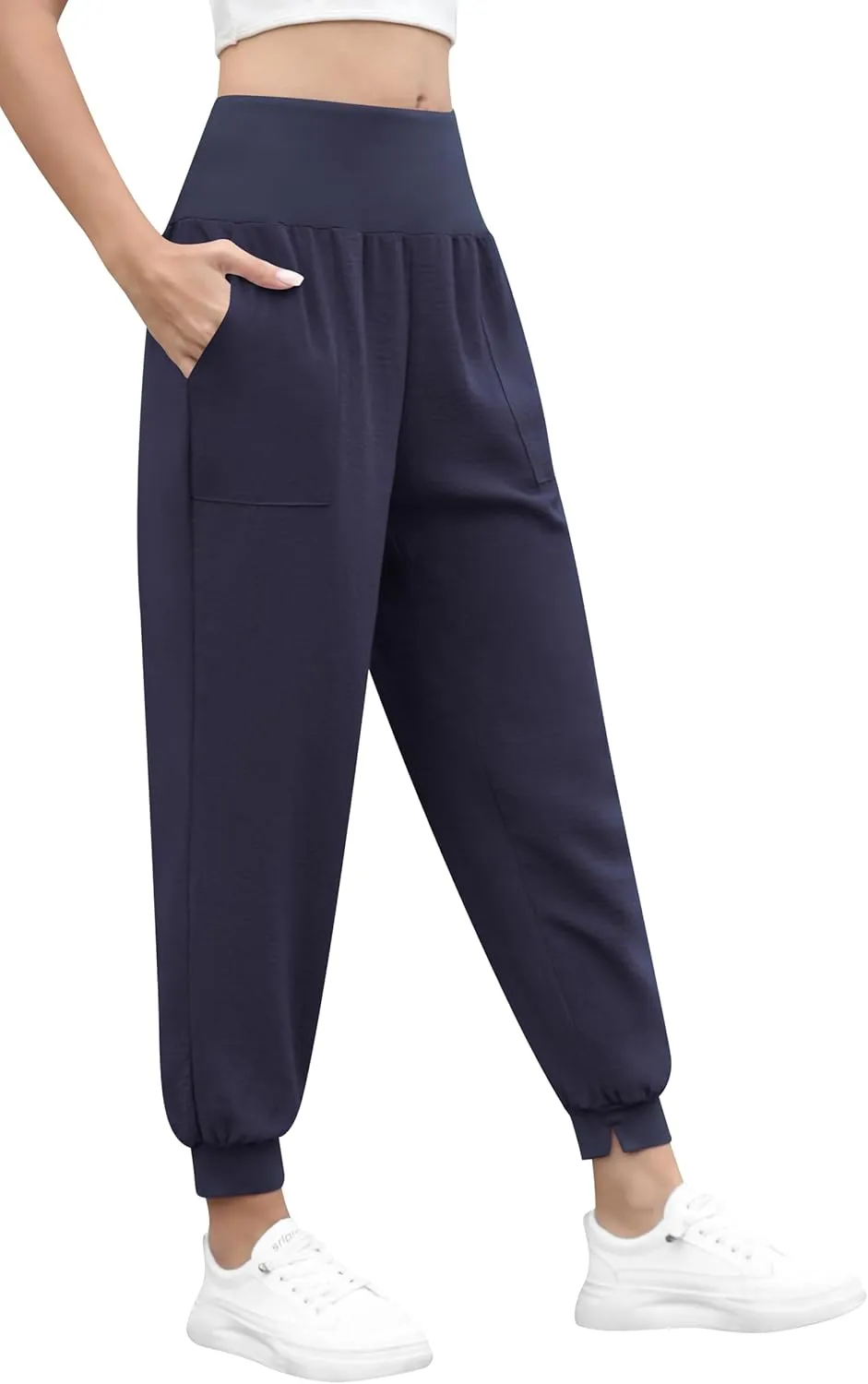 QUEZHU Women High Waist Joggers Palazzo Pants Fall Elastic Waist Casual Lounge Pants with Pockets