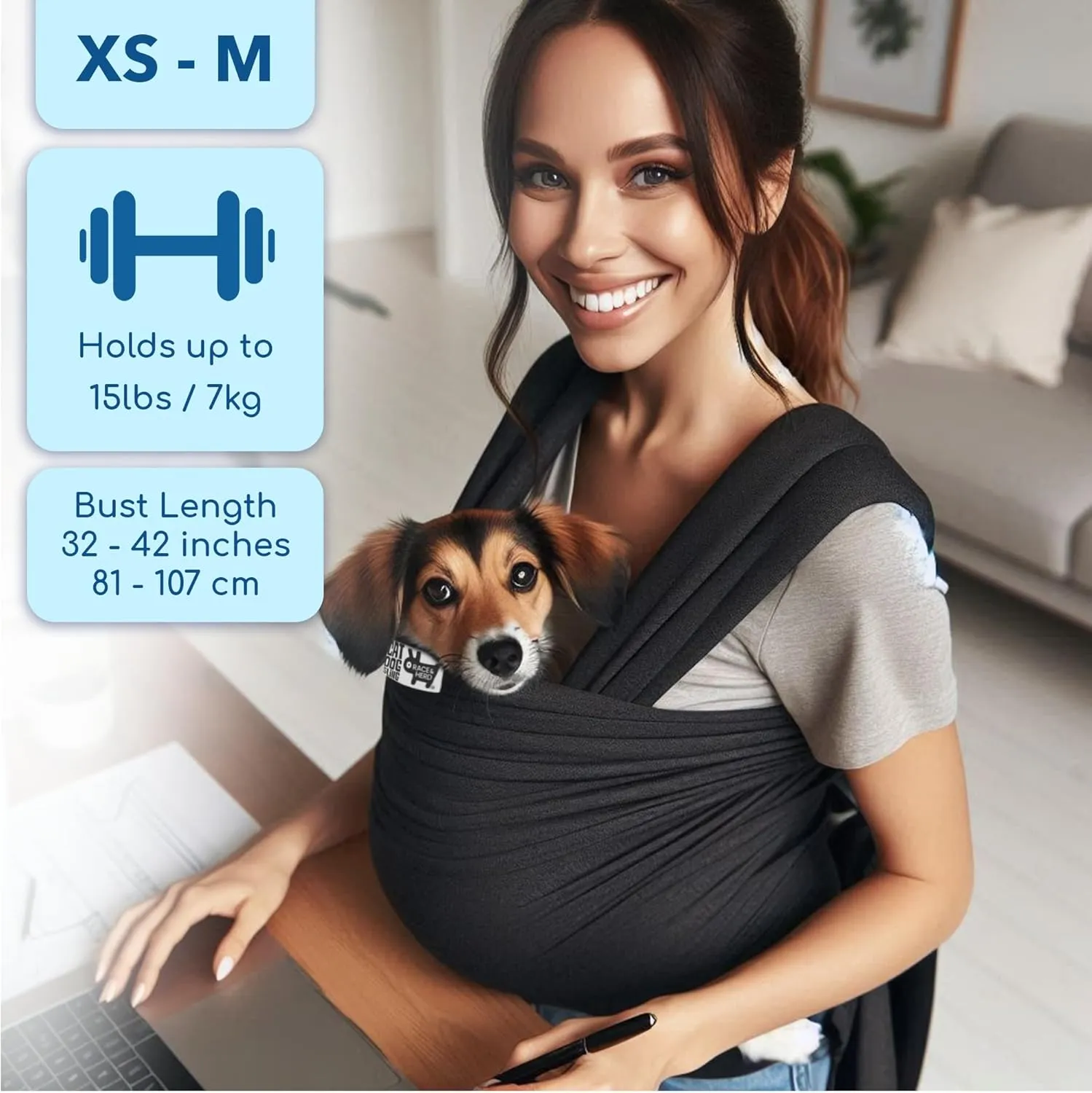 Race&Herd Cat Sling Carrier, Dog Sling Carrier 15-20 Lbs, Dog Slings for Small Dogs, Pet Sling Carrier for Small Dogs, Carrier Sling, Puppy Sling Carrier for Small Dogs 0-15 Lbs (Black, Wrap)