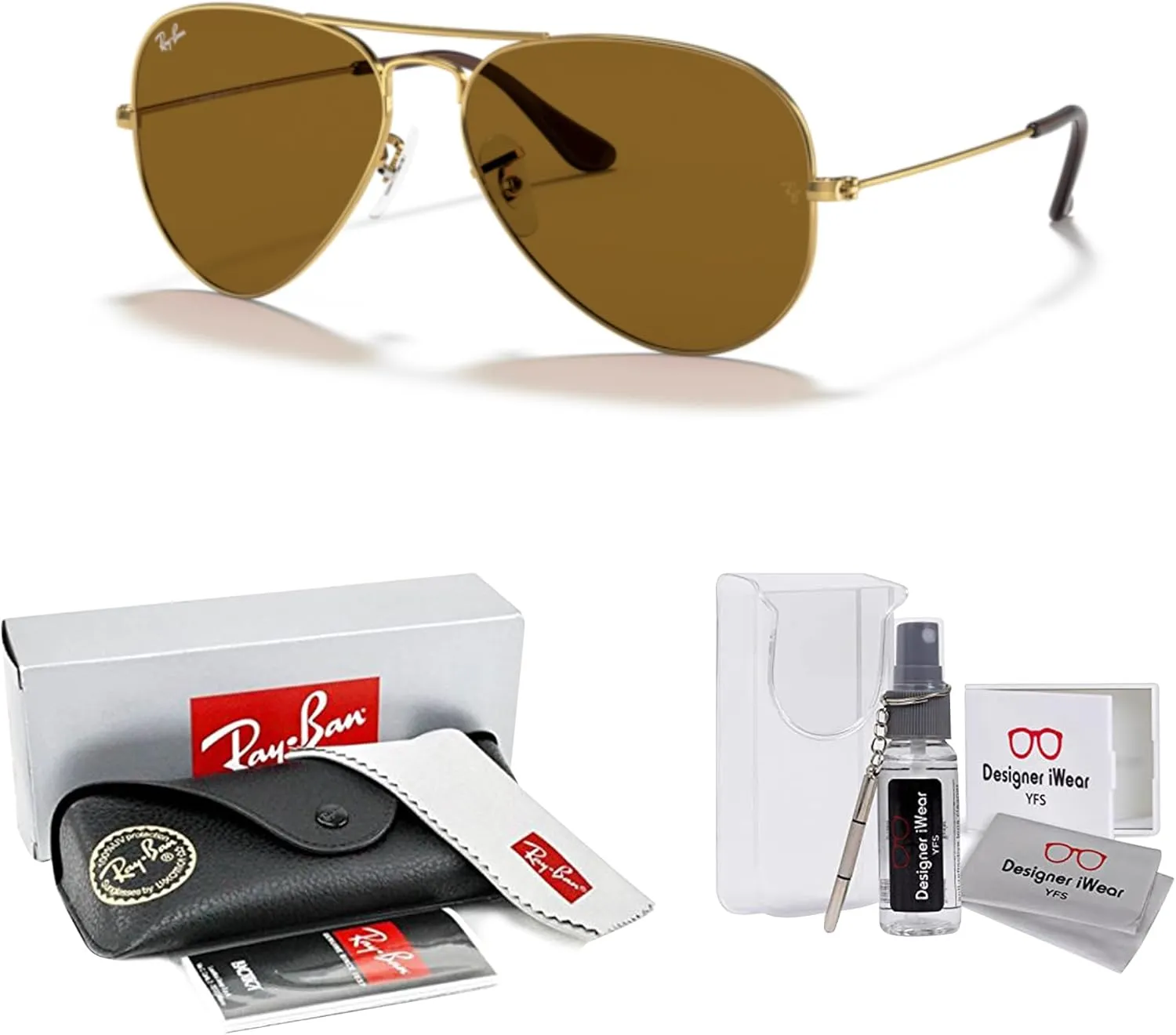 Ray-Ban RB3025 Metal Aviator Sunglasses For Men For Women   BUNDLE with Designer iWear Eyewear Care Kit