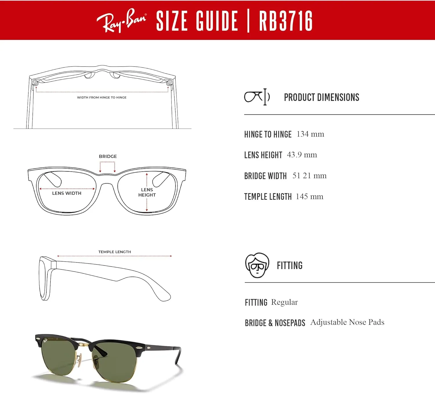 Ray-Ban RB3716 CLUBMASTER METAL Square Sunglasses For Men For Women   BUNDLE with Designer iWear Eyewear Care Kit