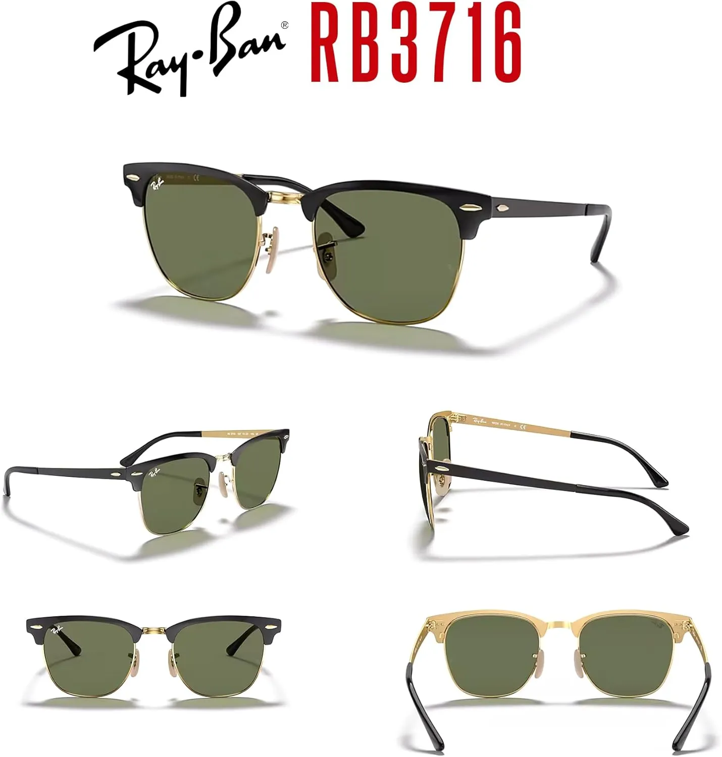 Ray-Ban RB3716 CLUBMASTER METAL Square Sunglasses For Men For Women   BUNDLE with Designer iWear Eyewear Care Kit