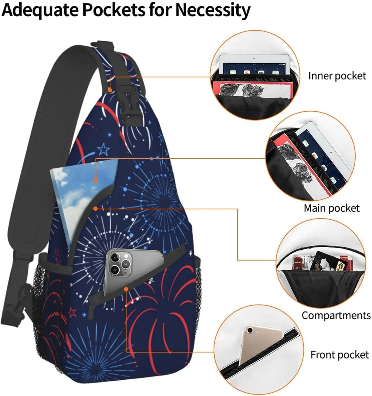 Red Blue White Firework Small Sling Bag for Women Men's Crossbody Sling Backpack Casual Hiking Daypack Chest Shoulder Bag with Adjustable Strap