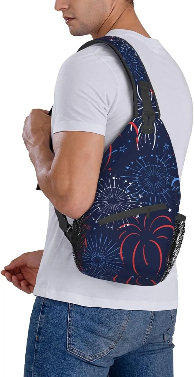 Red Blue White Firework Small Sling Bag for Women Men's Crossbody Sling Backpack Casual Hiking Daypack Chest Shoulder Bag with Adjustable Strap