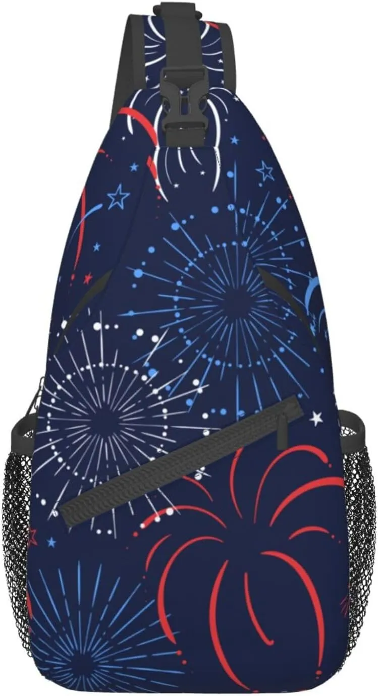 Red Blue White Firework Small Sling Bag for Women Men's Crossbody Sling Backpack Casual Hiking Daypack Chest Shoulder Bag with Adjustable Strap