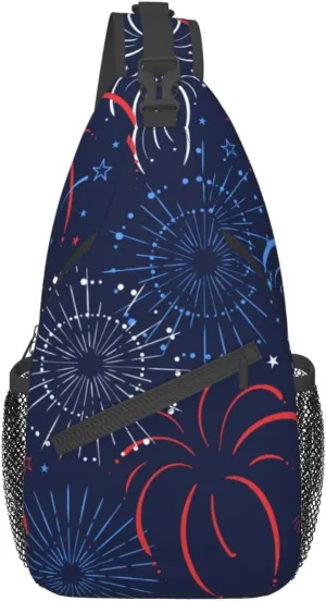 Red Blue White Firework Small Sling Bag for Women Men's Crossbody Sling Backpack Casual Hiking Daypack Chest Shoulder Bag with Adjustable Strap