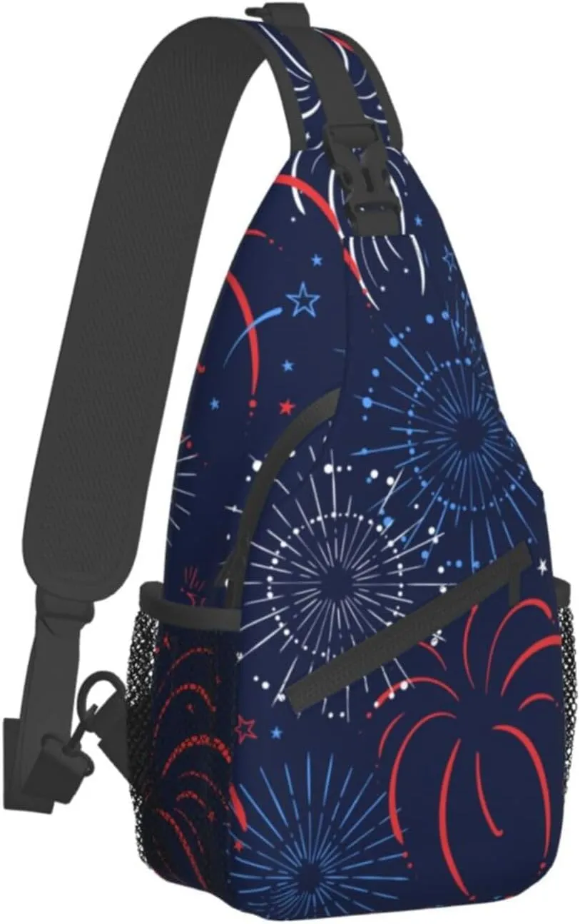 Red Blue White Firework Small Sling Bag for Women Men's Crossbody Sling Backpack Casual Hiking Daypack Chest Shoulder Bag with Adjustable Strap