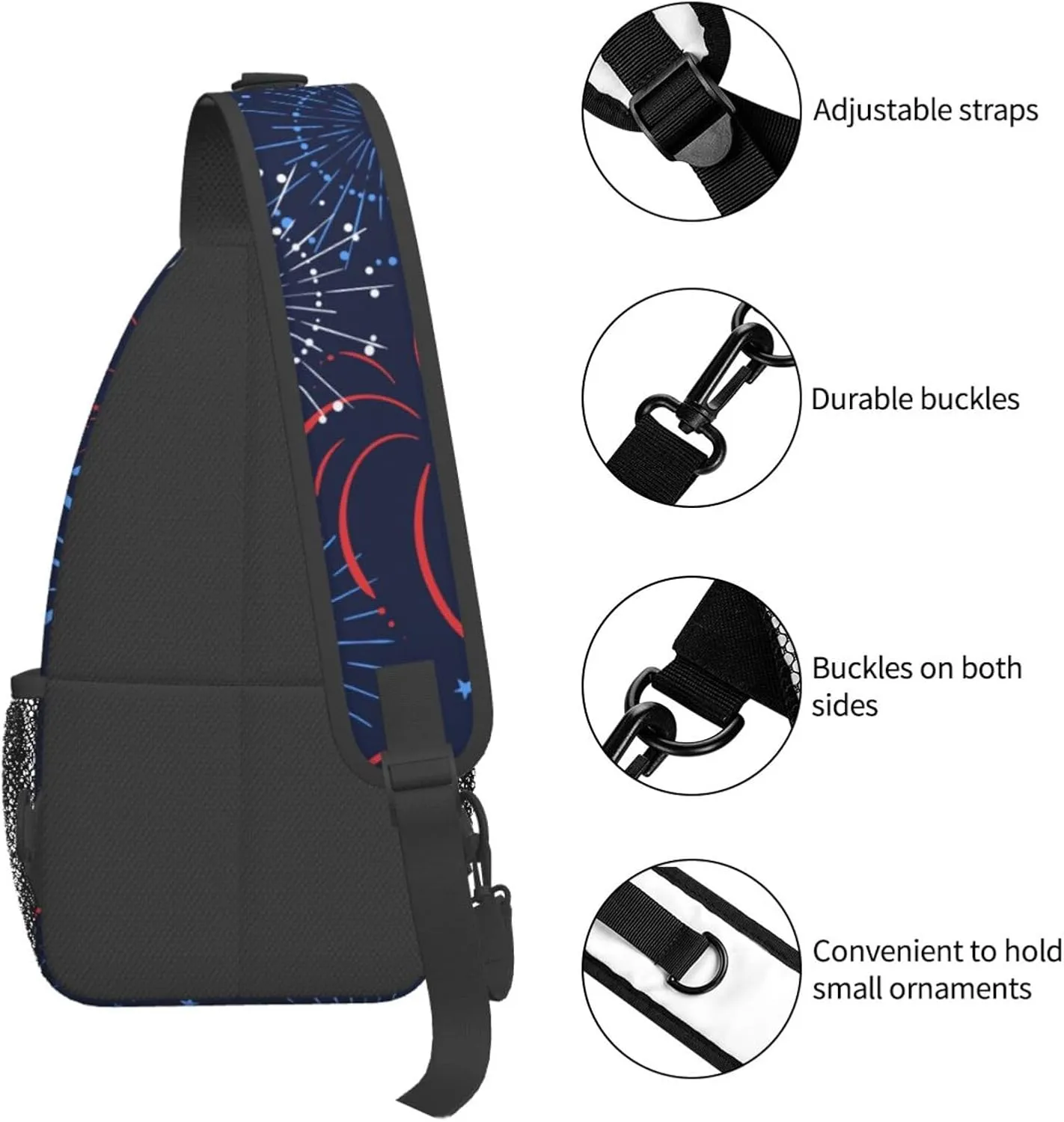 Red Blue White Firework Small Sling Bag for Women Men's Crossbody Sling Backpack Casual Hiking Daypack Chest Shoulder Bag with Adjustable Strap
