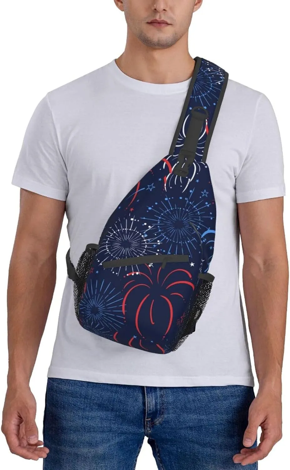 Red Blue White Firework Small Sling Bag for Women Men's Crossbody Sling Backpack Casual Hiking Daypack Chest Shoulder Bag with Adjustable Strap
