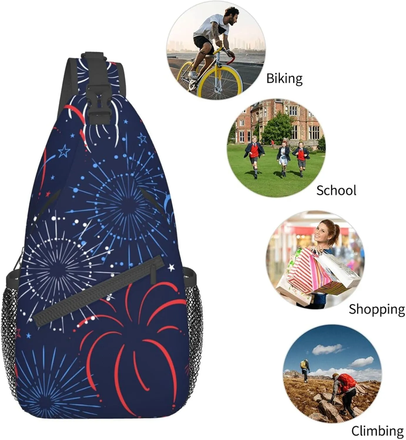 Red Blue White Firework Small Sling Bag for Women Men's Crossbody Sling Backpack Casual Hiking Daypack Chest Shoulder Bag with Adjustable Strap