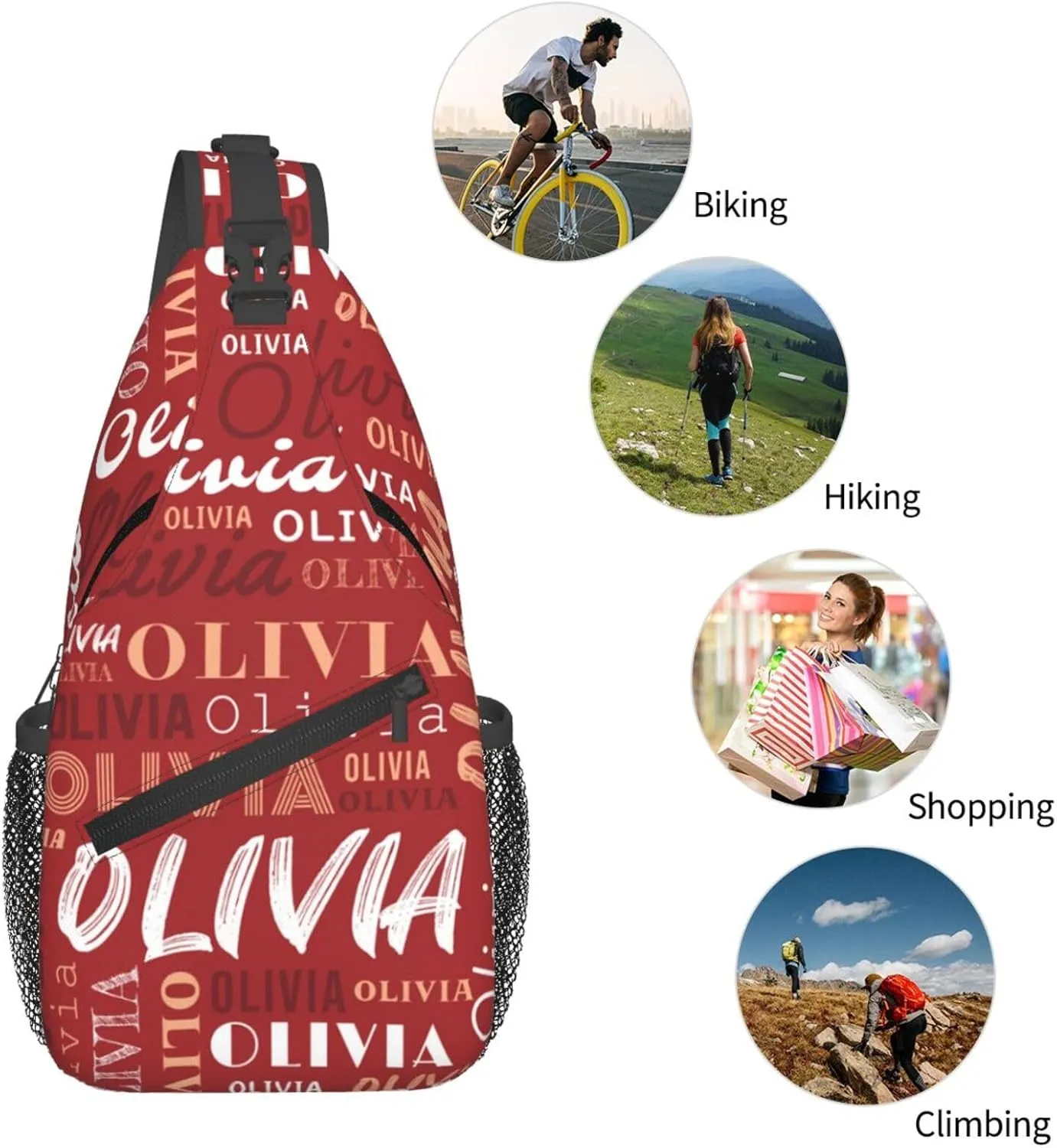Red Custom Sling Bag for Women Men Personalized Crossbody Sling Backpack with Name Photo Text Image Customized Chest Bag for Outdoor Travel Sport Hiking Daypack
