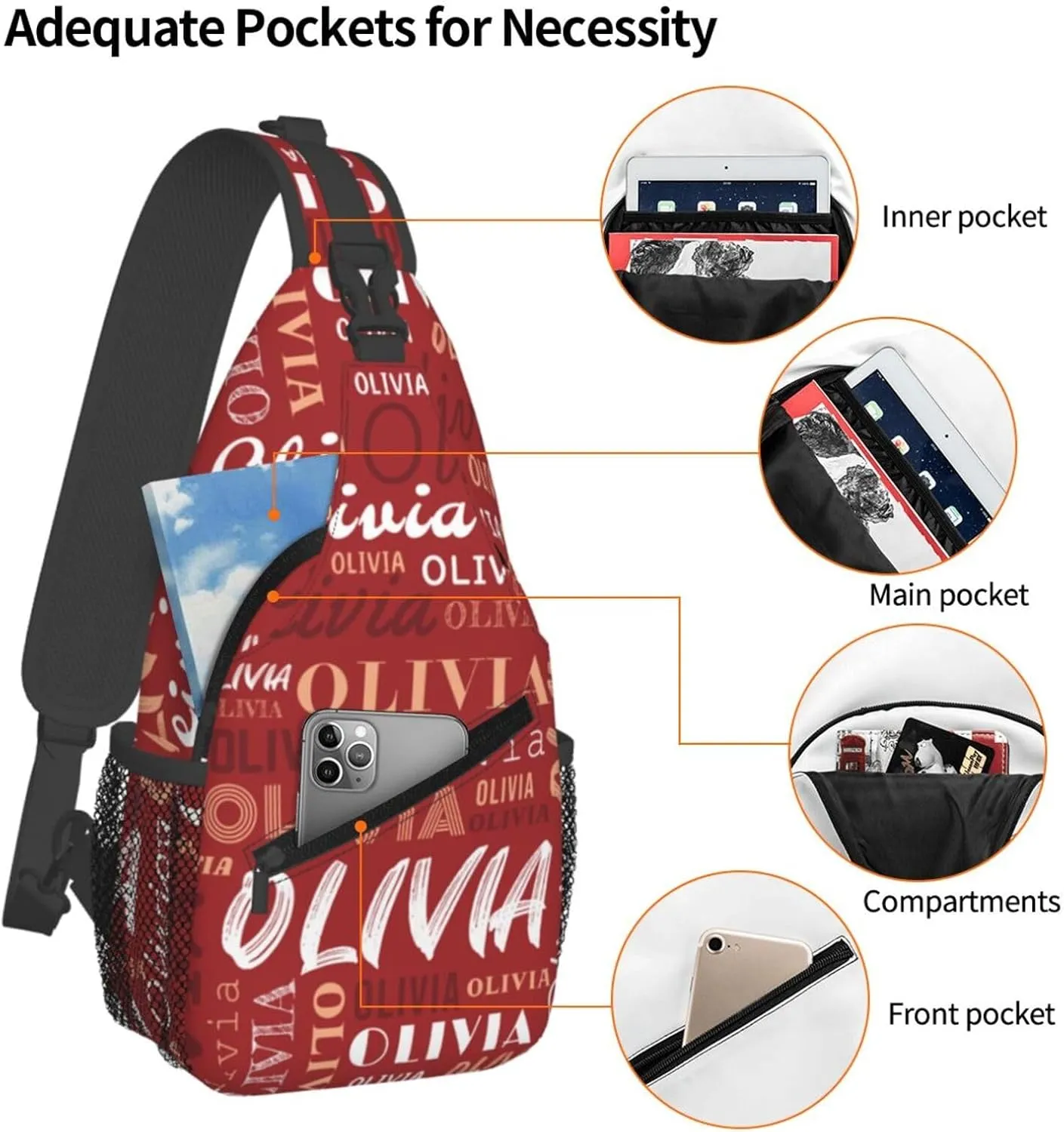Red Custom Sling Bag for Women Men Personalized Crossbody Sling Backpack with Name Photo Text Image Customized Chest Bag for Outdoor Travel Sport Hiking Daypack