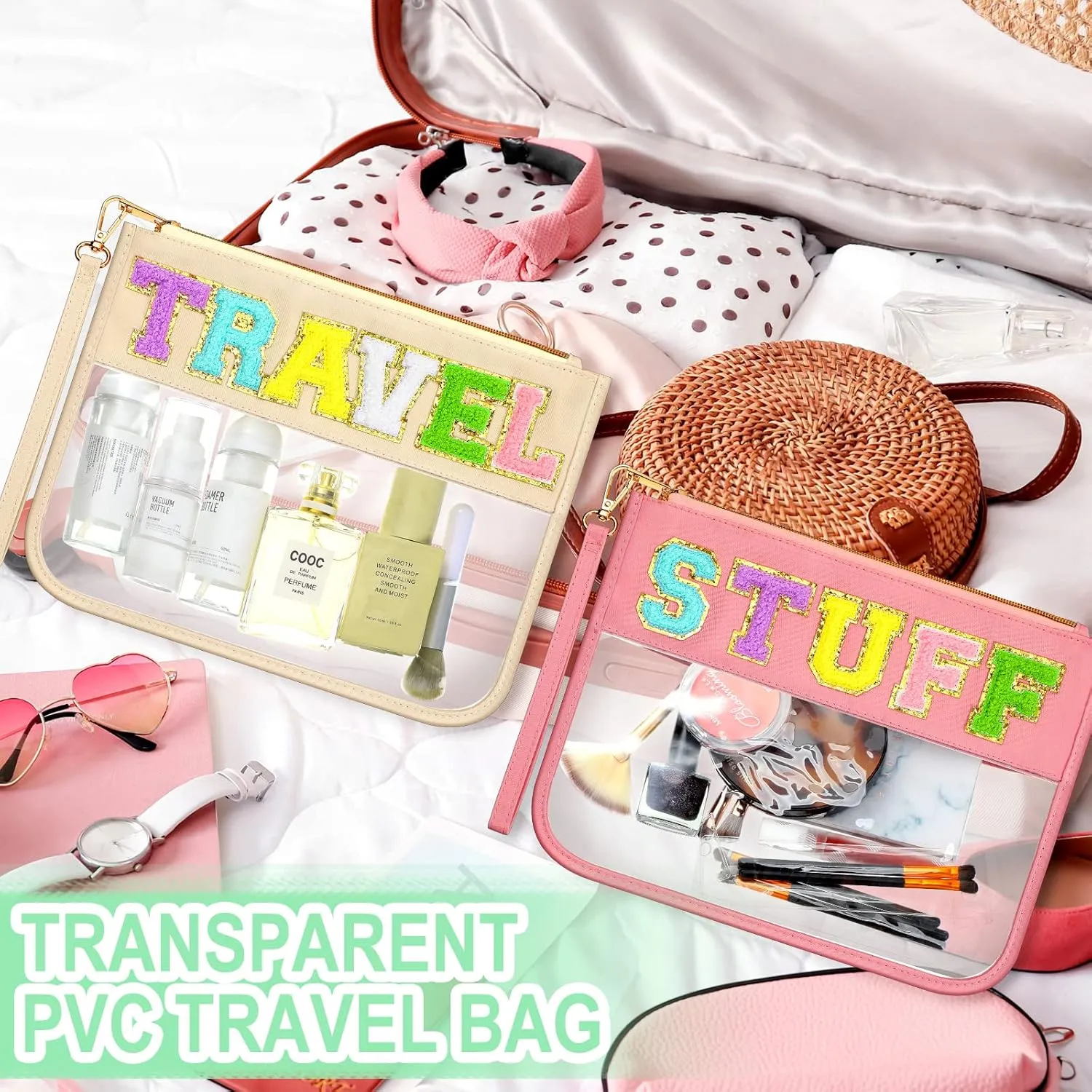 Remerry 4 Pack Chenille Letter Bag Clear Monogram Cosmetic Makeup Bag Travel Snack Beach Stuff Patch Pouch Preppy Gifts for Women Girls
