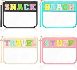 Remerry 4 Pack Chenille Letter Bag Clear Monogram Cosmetic Makeup Bag Travel Snack Beach Stuff Patch Pouch Preppy Gifts for Women Girls