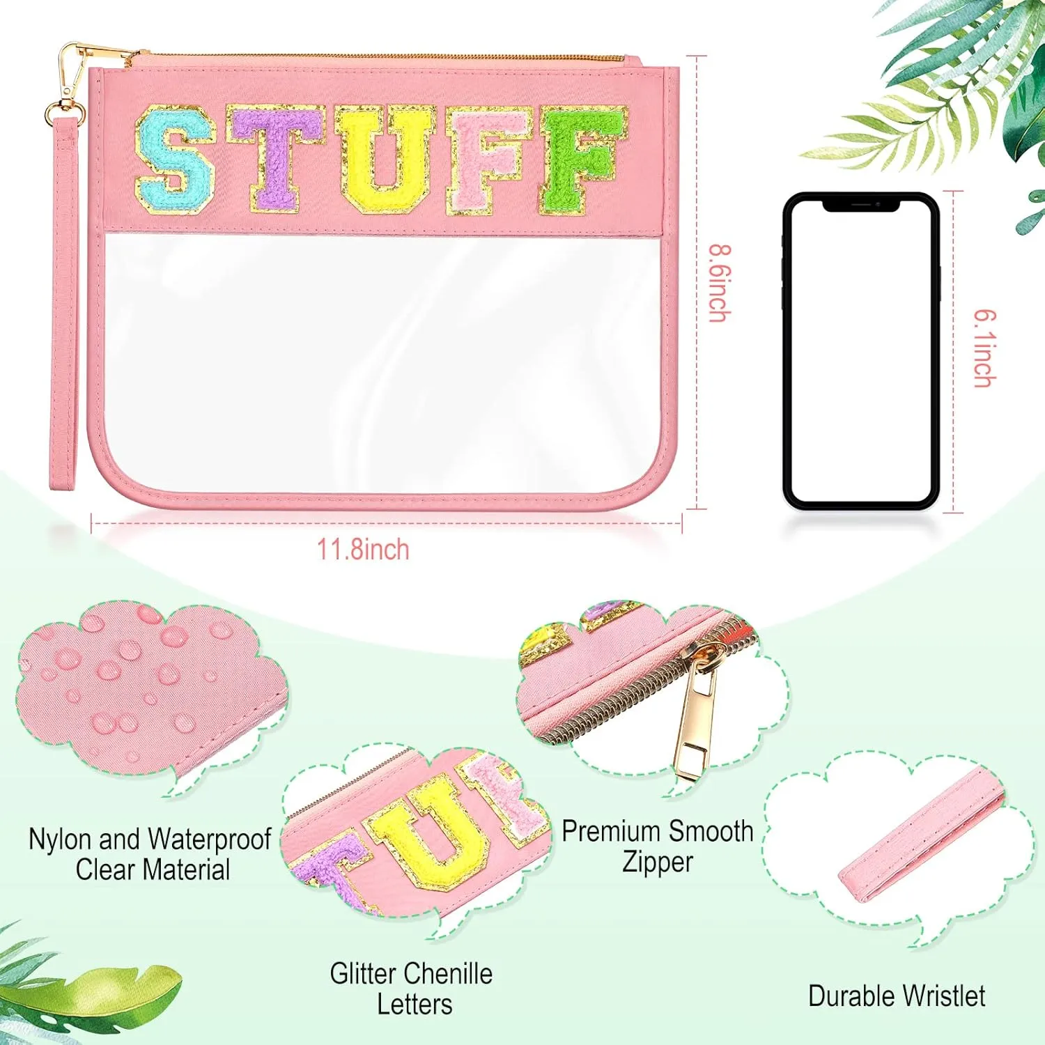 Remerry 4 Pack Chenille Letter Bag Clear Monogram Cosmetic Makeup Bag Travel Snack Beach Stuff Patch Pouch Preppy Gifts for Women Girls