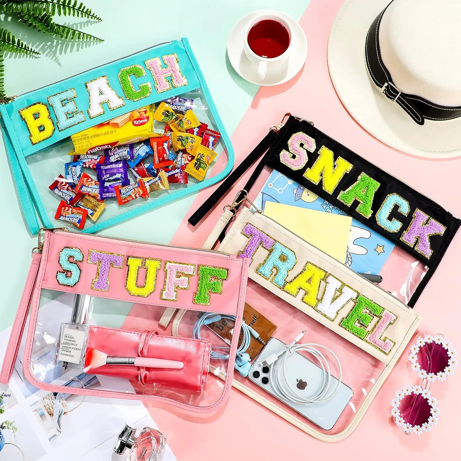 Remerry 4 Pack Chenille Letter Bag Clear Monogram Cosmetic Makeup Bag Travel Snack Beach Stuff Patch Pouch Preppy Gifts for Women Girls