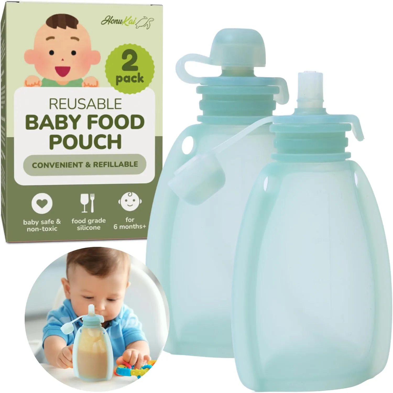 Reusable Baby Food Pouches - 4.4 oz Silicone Food-Grade Material, BPA-Free & Non-Toxic, Baby Food Pouches Refillable, Reusable Pouches for Toddlers, Reusable Applesauce Pouches - 2 Pack