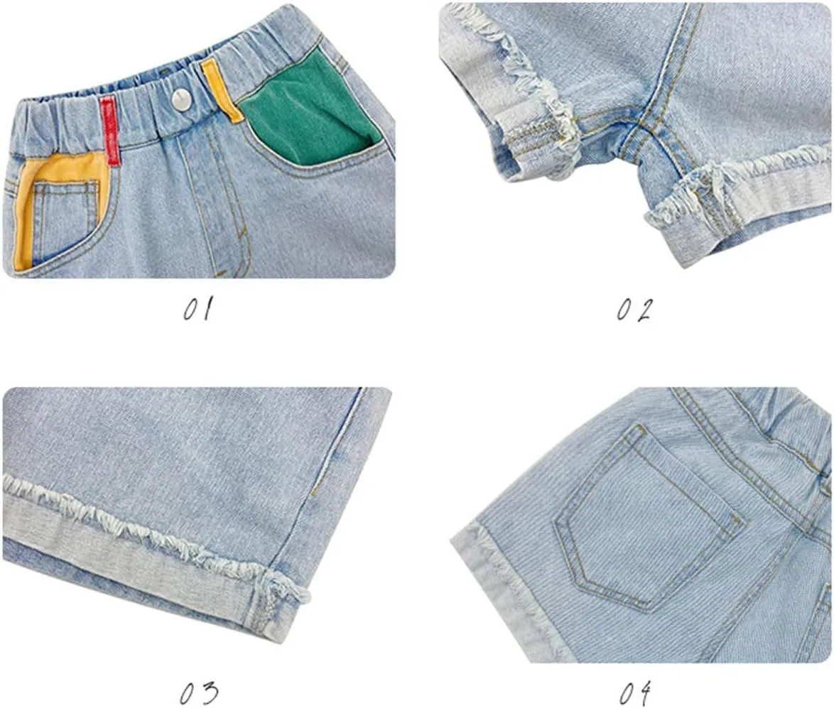 Rolanko Girls Denim Shorty Shorts Elastic Waist Kids Summer Jean Shorts 4-14 Years