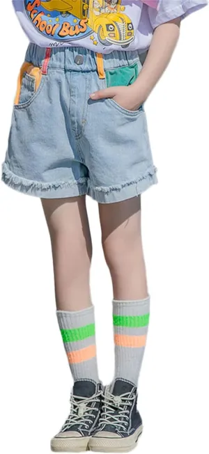 Rolanko Girls Denim Shorty Shorts Elastic Waist Kids Summer Jean Shorts 4-14 Years