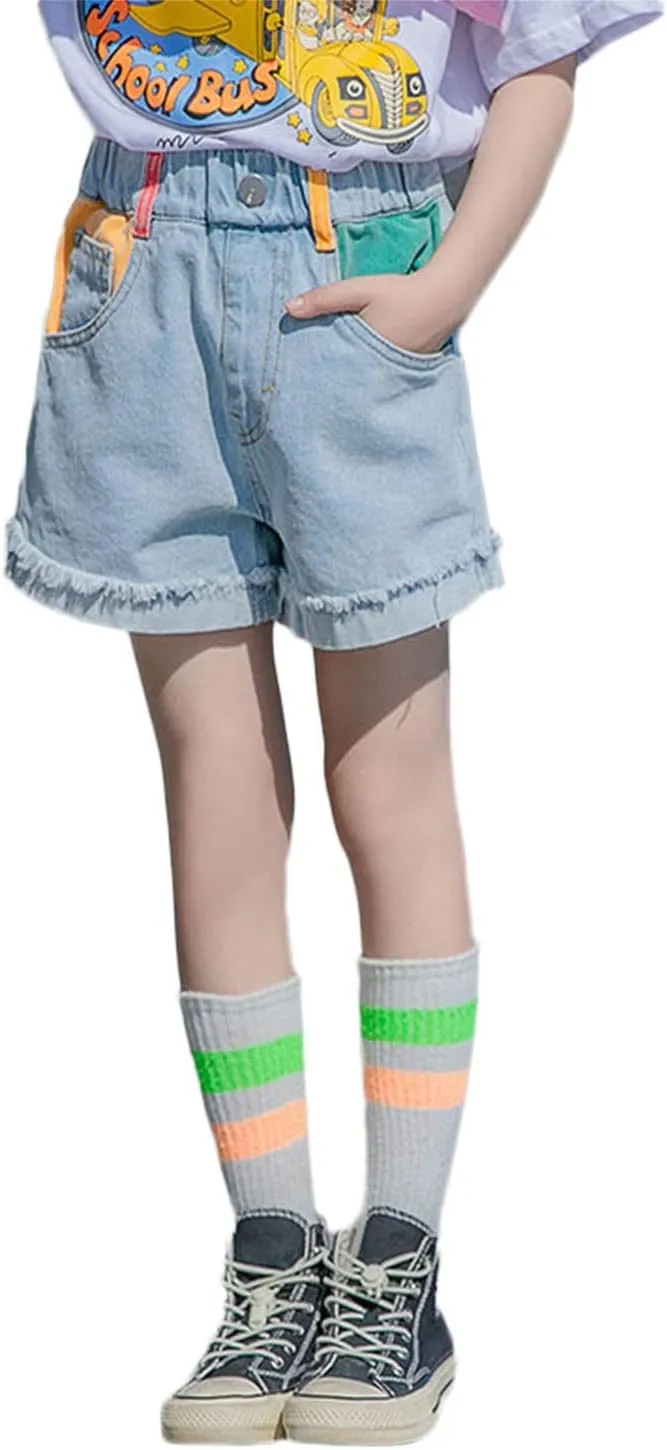 Rolanko Girls Denim Shorty Shorts Elastic Waist Kids Summer Jean Shorts 4-14 Years