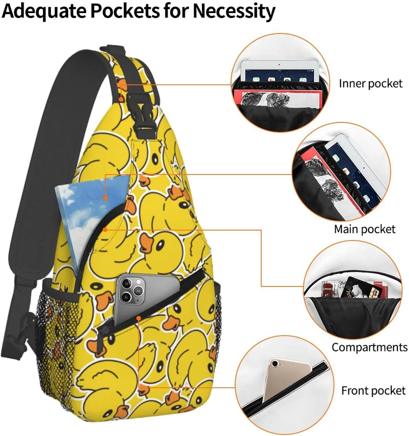 Rubber Duck Sling Bag for Women Crossbody Bag a Bunch of Yellow Rubber Ducks Cartoon Animal Overlay Sling Backpack for Men Cute Toy Ducky Shoulder Bag Gym Sports Travel Hiking Daypack