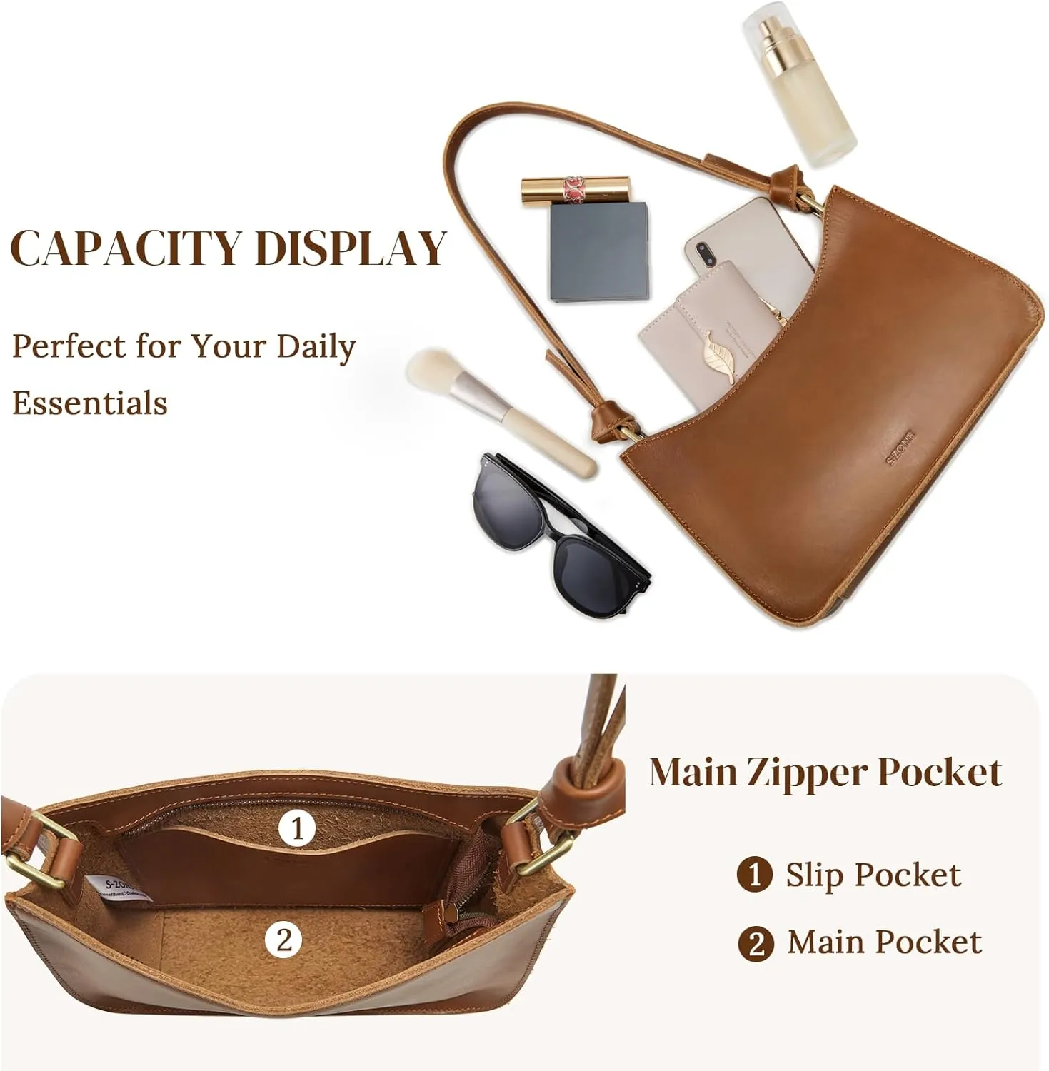 S-ZONE Leather Shoulder Bags for Women Small Shoulder Purse Handbags Clutch Hobo Bag Cute Purses
