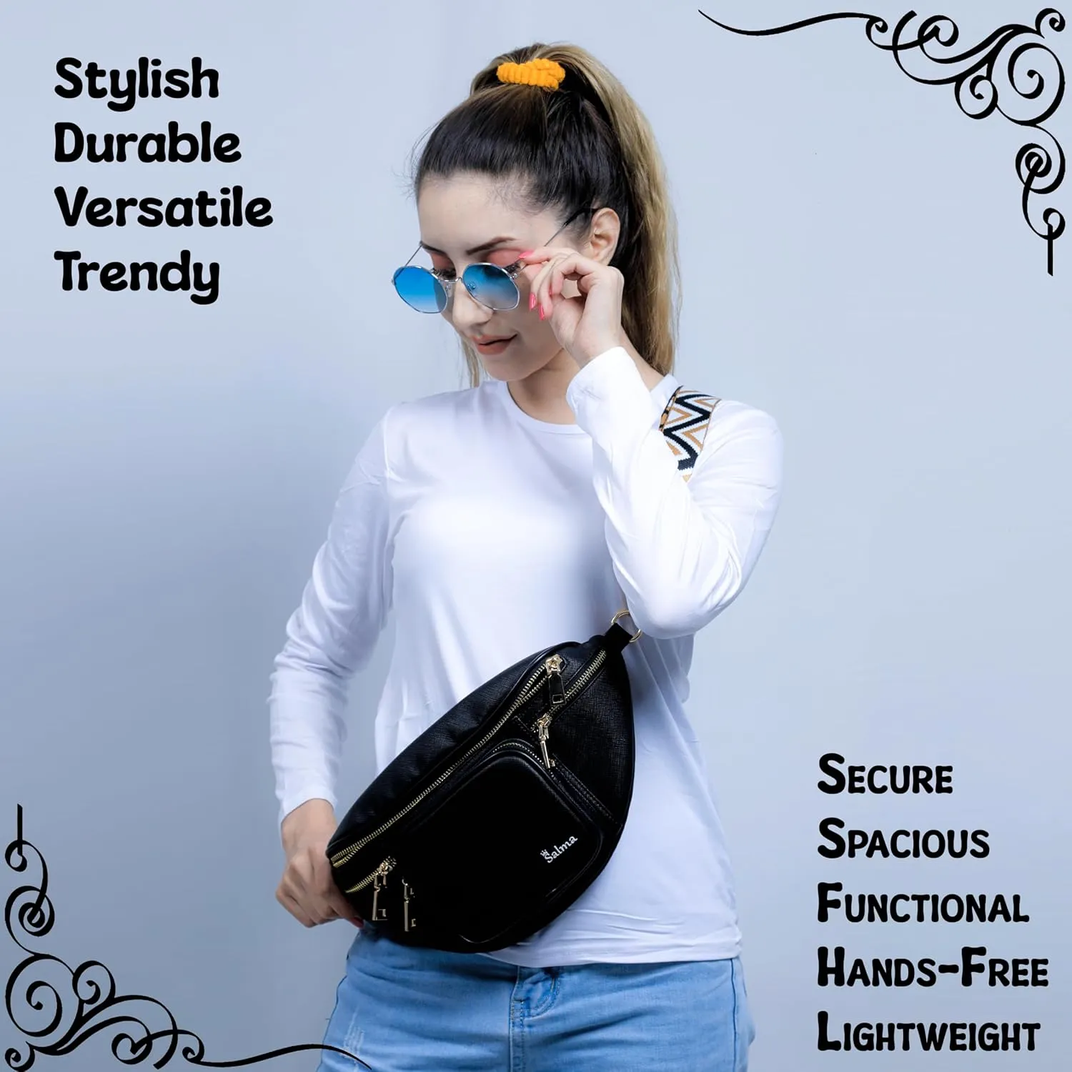 SALMA Leather Crossbody Sling Bag Trendy Crossbody Bag for Women Men Bulky and Hands-Free Fanny Pack in Black Color