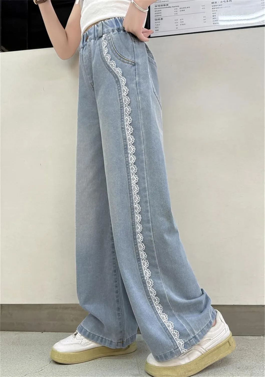 SANGTREE Girls Wide Leg Jeans Elastic Waist Denim Pants Baggy Jeans for Girls, 6-14 Years