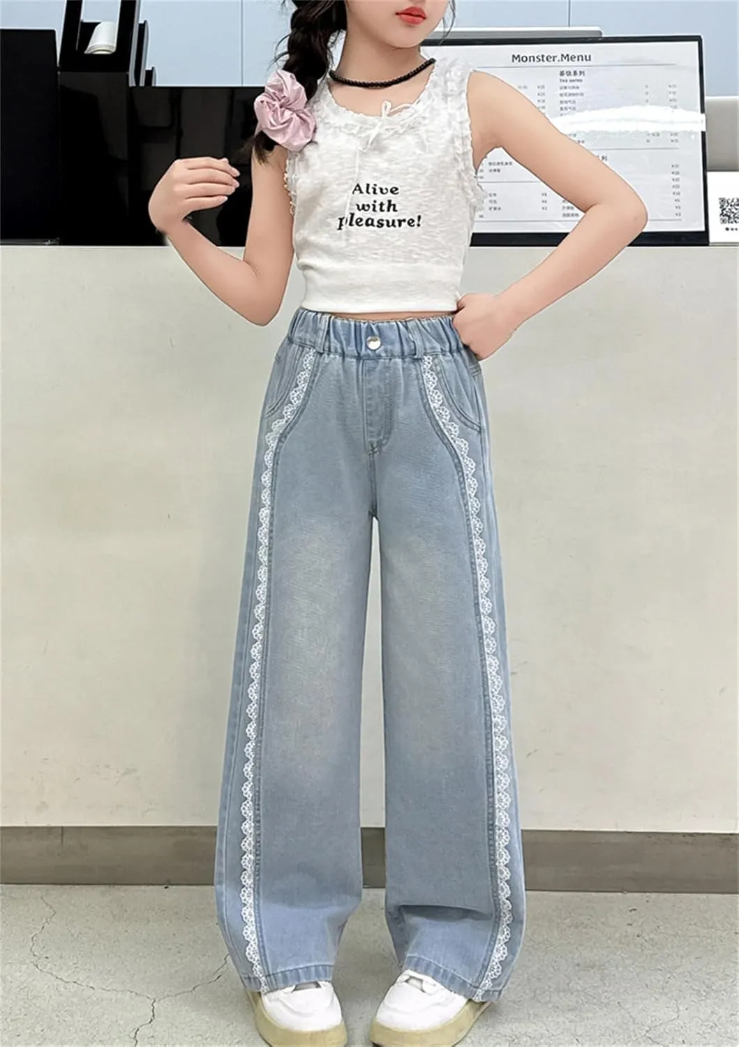 SANGTREE Girls Wide Leg Jeans Elastic Waist Denim Pants Baggy Jeans for Girls, 6-14 Years