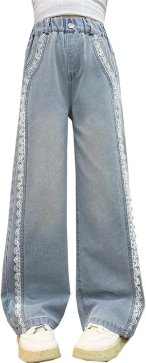 SANGTREE Girls Wide Leg Jeans Elastic Waist Denim Pants Baggy Jeans for Girls, 6-14 Years