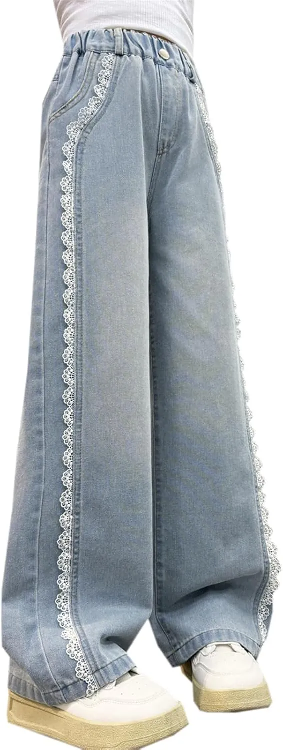 SANGTREE Girls Wide Leg Jeans Elastic Waist Denim Pants Baggy Jeans for Girls, 6-14 Years