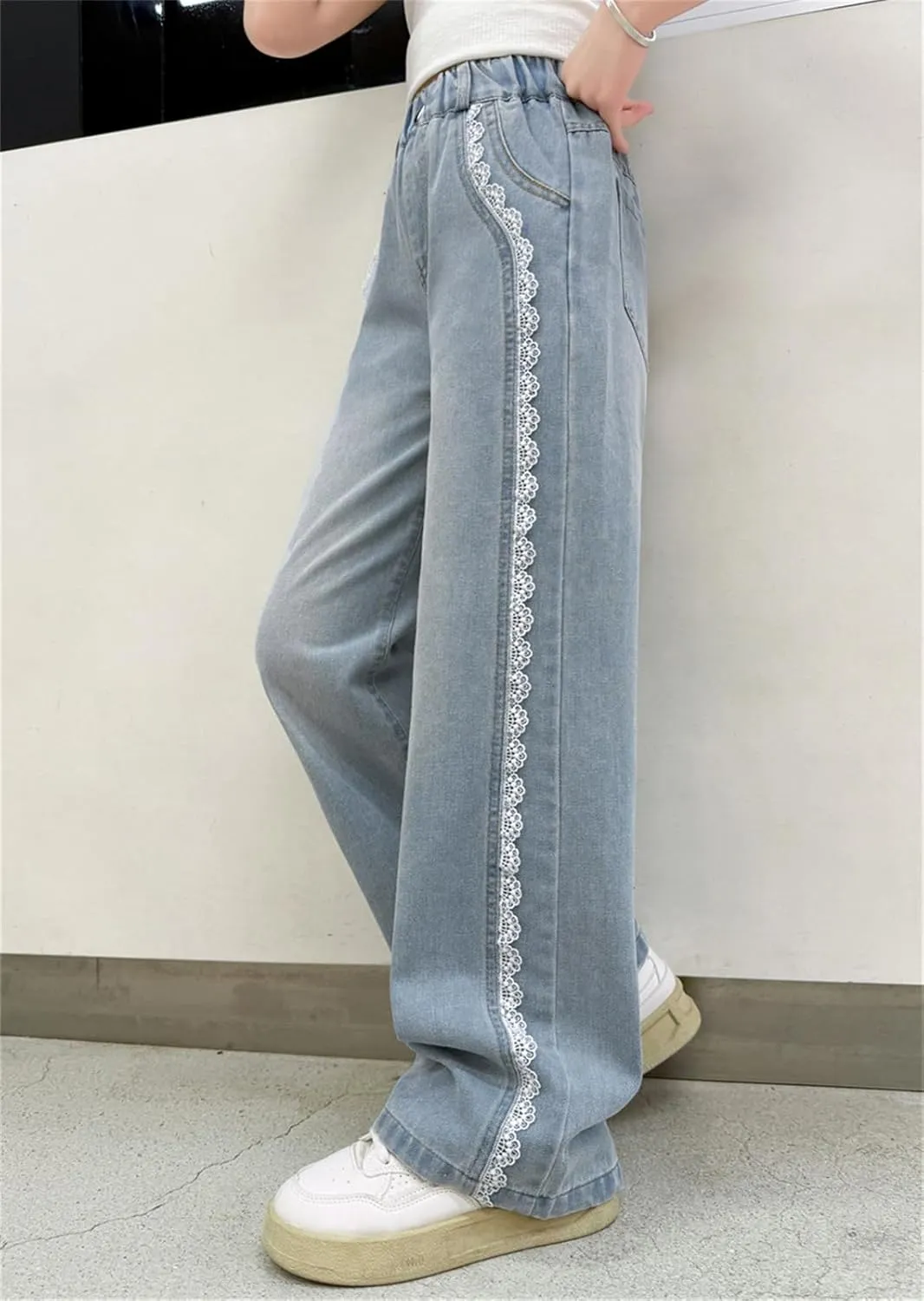 SANGTREE Girls Wide Leg Jeans Elastic Waist Denim Pants Baggy Jeans for Girls, 6-14 Years