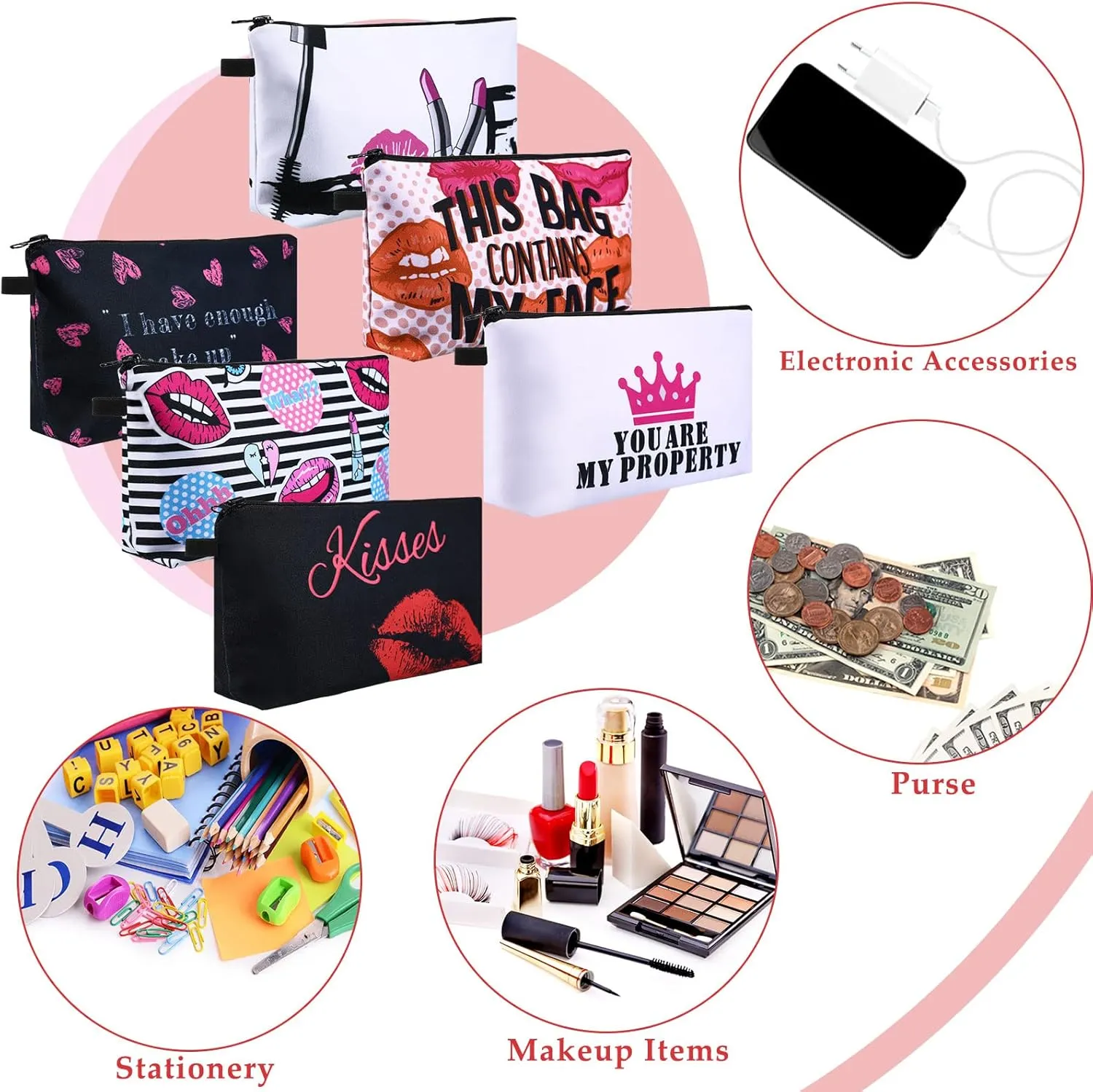 Sanwuta 12 Pieces Cosmetic Makeup Bags Printed Roomy Toiletry Waterproof Beauty Bag Organizer Pouches with Zipper Makeup Accessories for Women(Love Style)