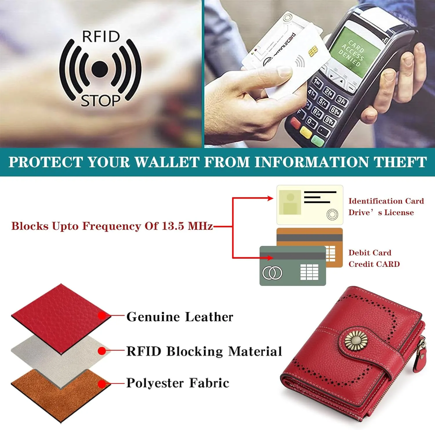 SENDEFN Small Wallets for Woman RFID Blocking Leather Bifold Credit Card Holder Purse with ID Window