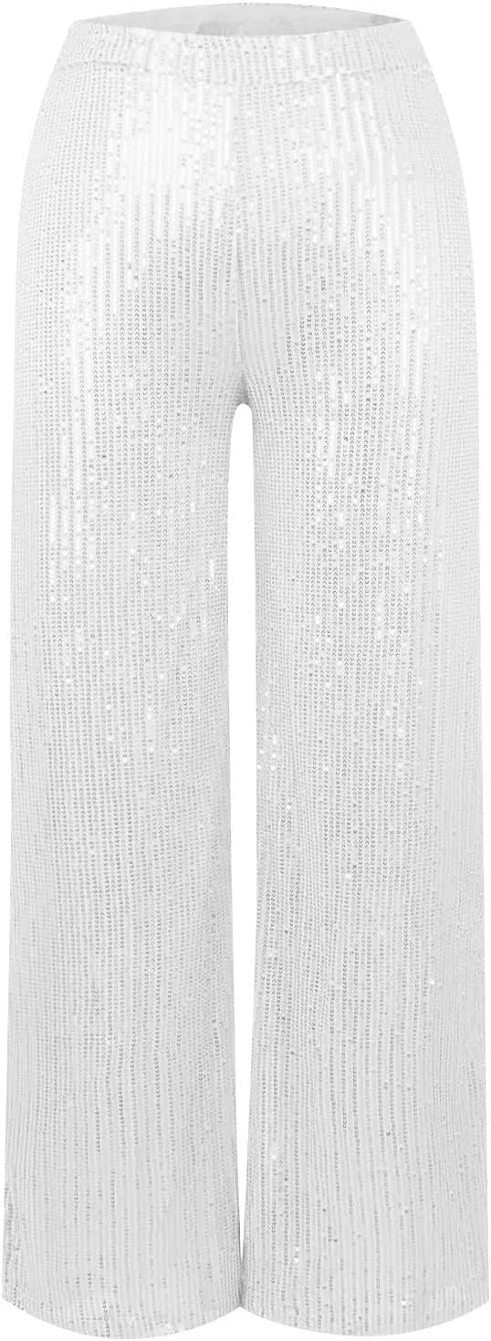 Sequin Pants Women Fashion High Waist Pant Sparkly Wide Leg Trousers Elastic Loose Side Zipper Shiny Pants