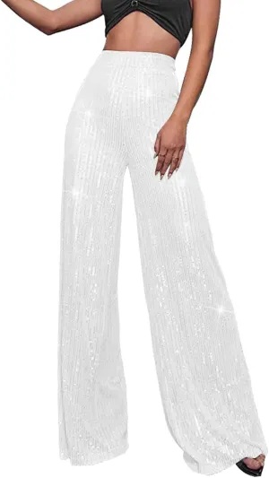 Sequin Pants Women Fashion High Waist Pant Sparkly Wide Leg Trousers Elastic Loose Side Zipper Shiny Pants