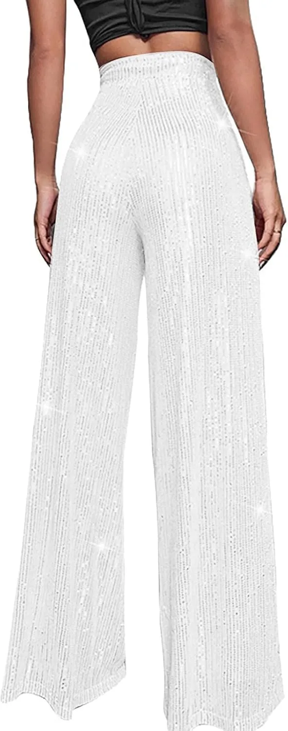 Sequin Pants Women Fashion High Waist Pant Sparkly Wide Leg Trousers Elastic Loose Side Zipper Shiny Pants