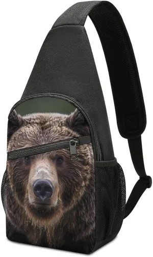 Serious Brown Bear Face Chest Bag for Men Small Sling Backpack Crossbody Sling Bags for Outdoors Hiking Traveling