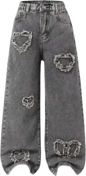 SHENHE Girl's Y2K Heart Applique Elastic High Waist Jeans Wide Leg Loose Denim Pants