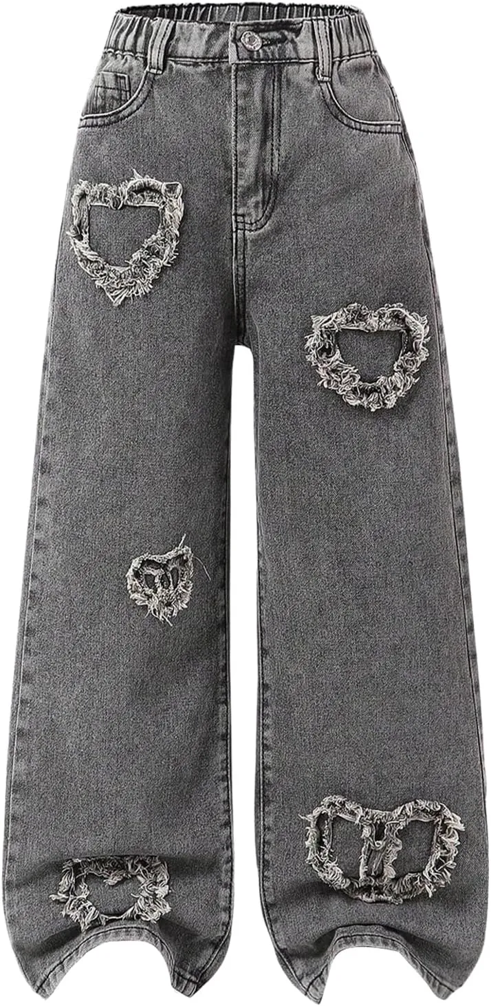 SHENHE Girl's Y2K Heart Applique Elastic High Waist Jeans Wide Leg Loose Denim Pants