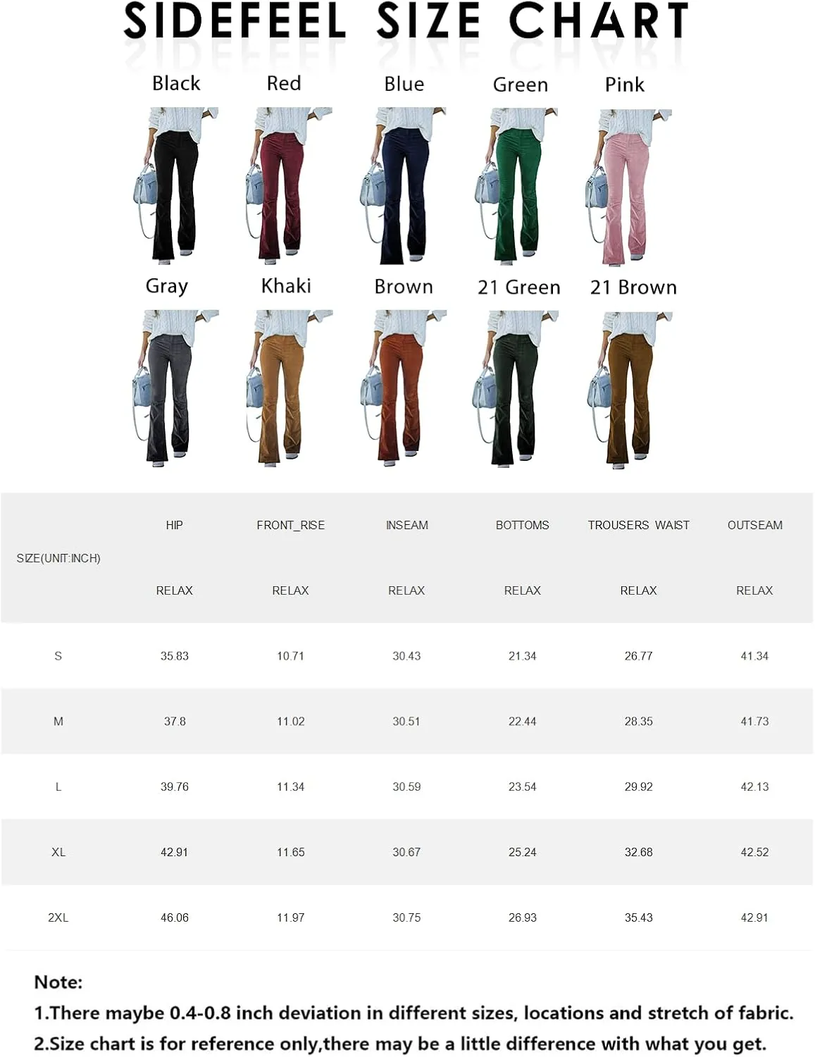 Sidefeel Women's Corduroy Flare Pants Elastic Waist Bell Bottom Trousers 2024 Women Fashions