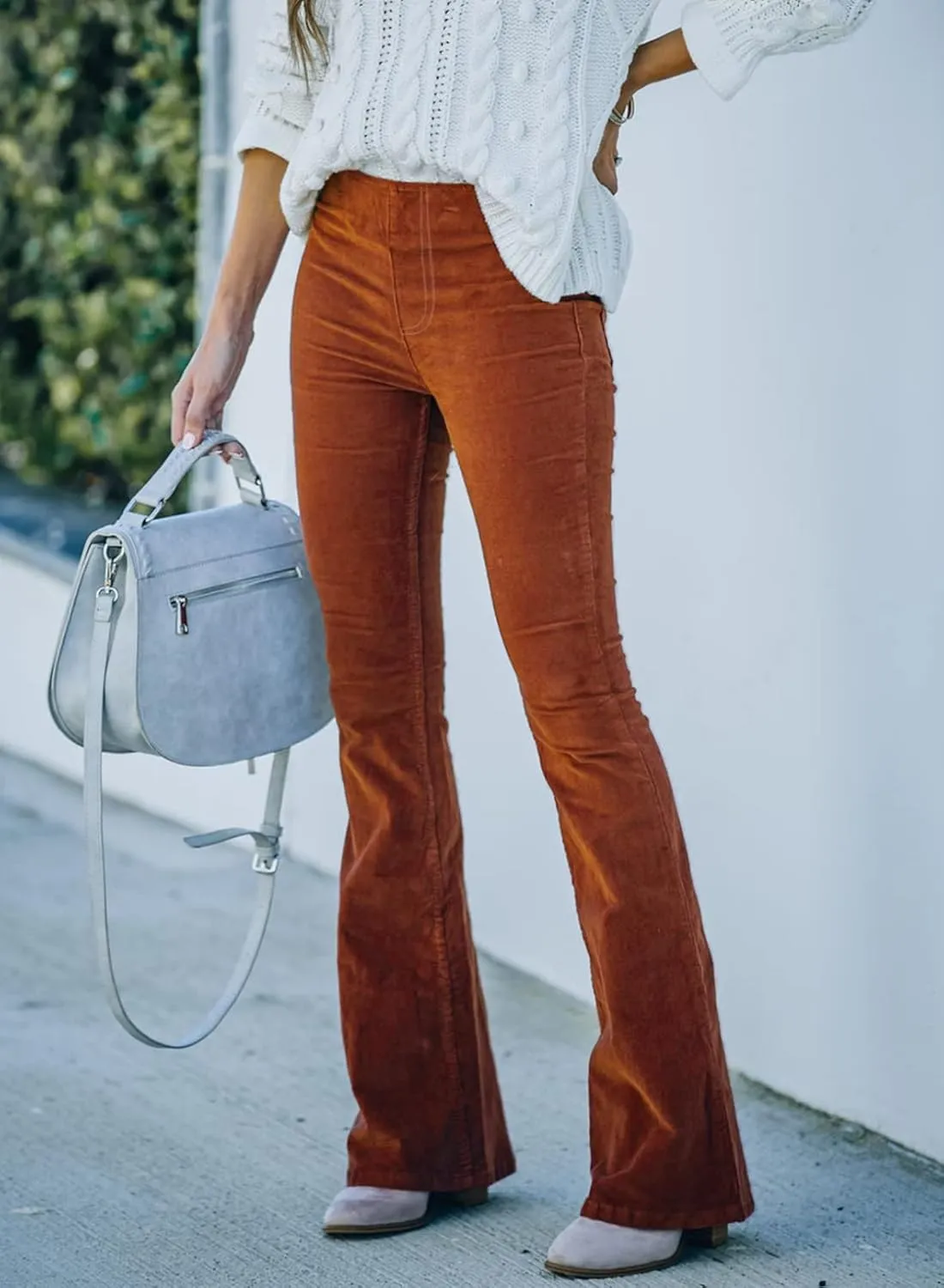 Sidefeel Women's Corduroy Flare Pants Elastic Waist Bell Bottom Trousers 2024 Women Fashions