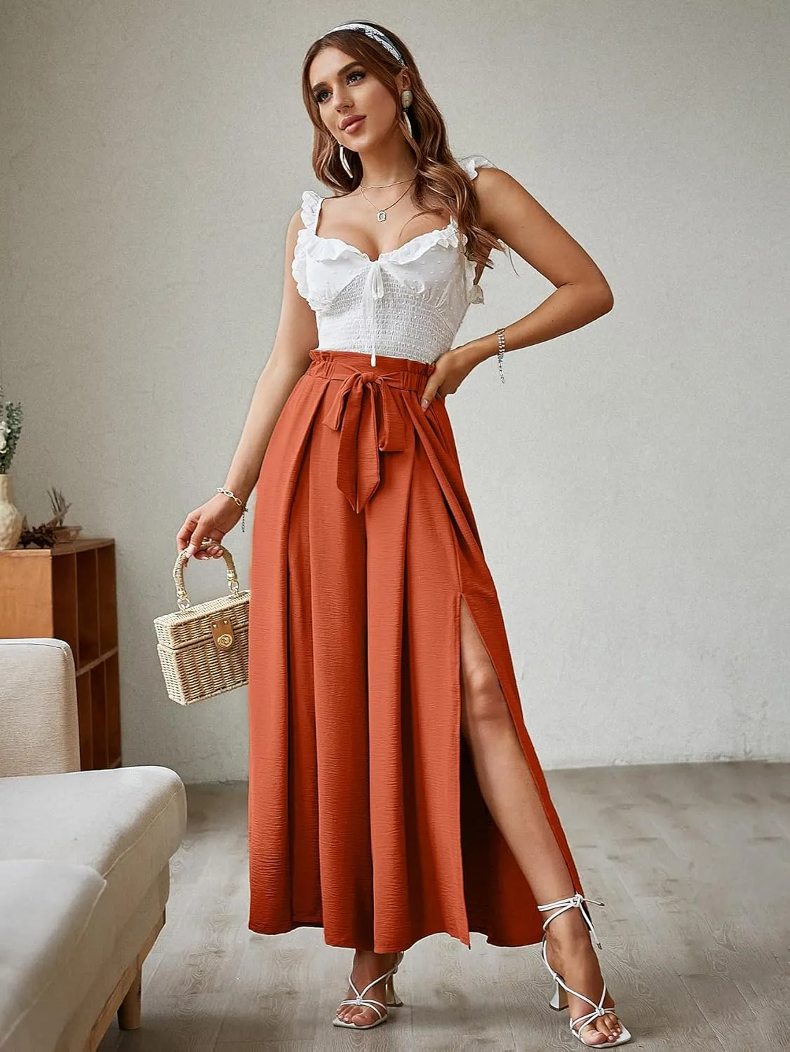 Simplee Women's Casual Split Wide Leg Pants High Waist Palazzo Flowy Beach Pants Summer Boho Lounge Pants with Pockets