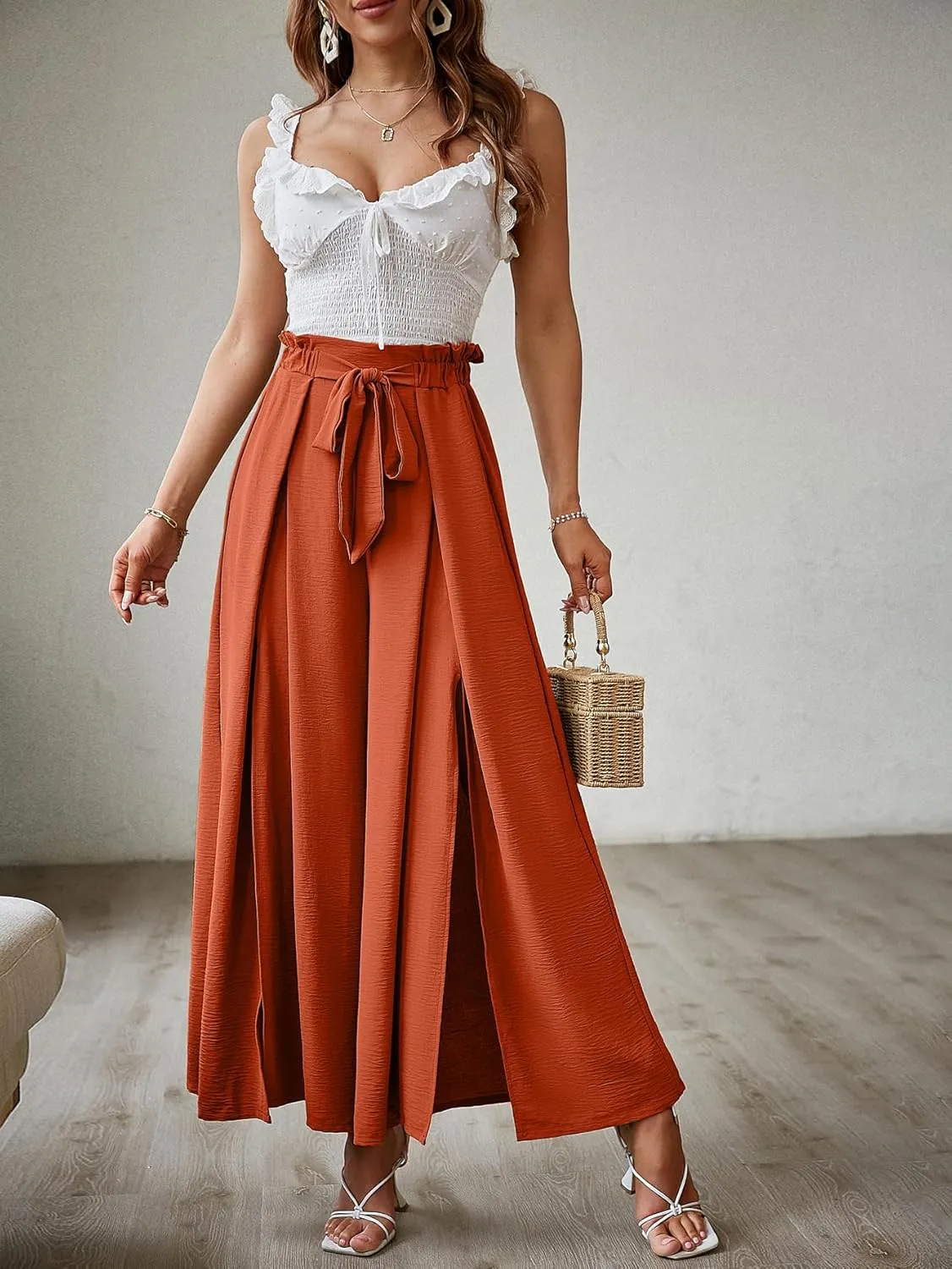 Simplee Women's Casual Split Wide Leg Pants High Waist Palazzo Flowy Beach Pants Summer Boho Lounge Pants with Pockets