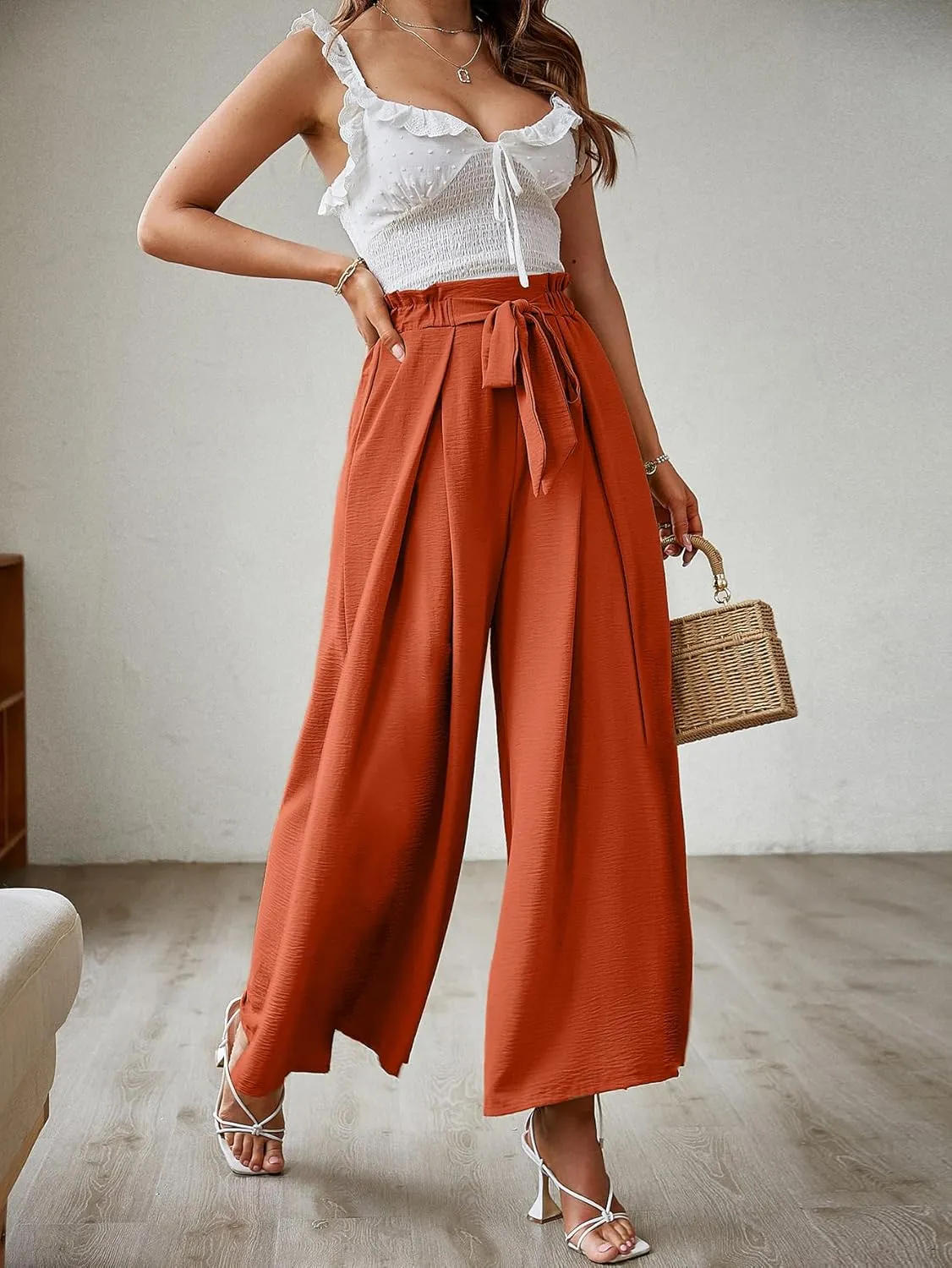 Simplee Women's Casual Split Wide Leg Pants High Waist Palazzo Flowy Beach Pants Summer Boho Lounge Pants with Pockets