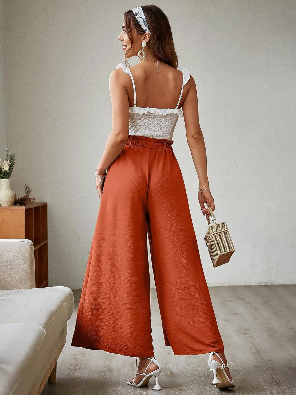 Simplee Women's Casual Split Wide Leg Pants High Waist Palazzo Flowy Beach Pants Summer Boho Lounge Pants with Pockets