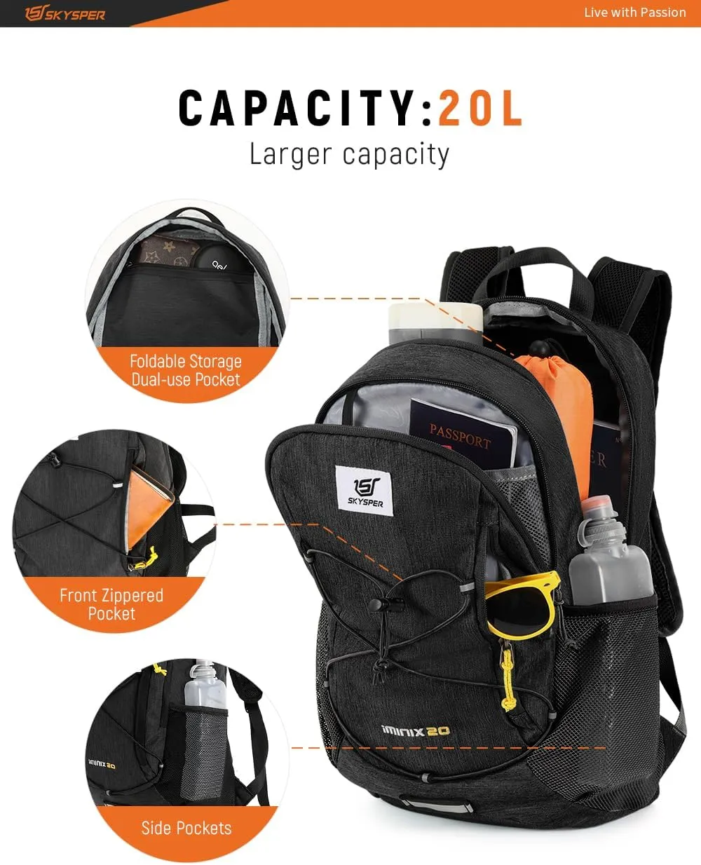 SKYSPER Foldable Small Backpack – 20L Lightweight Hiking Daypack with Chest Belt Packable Travel Rucksack for Women Men