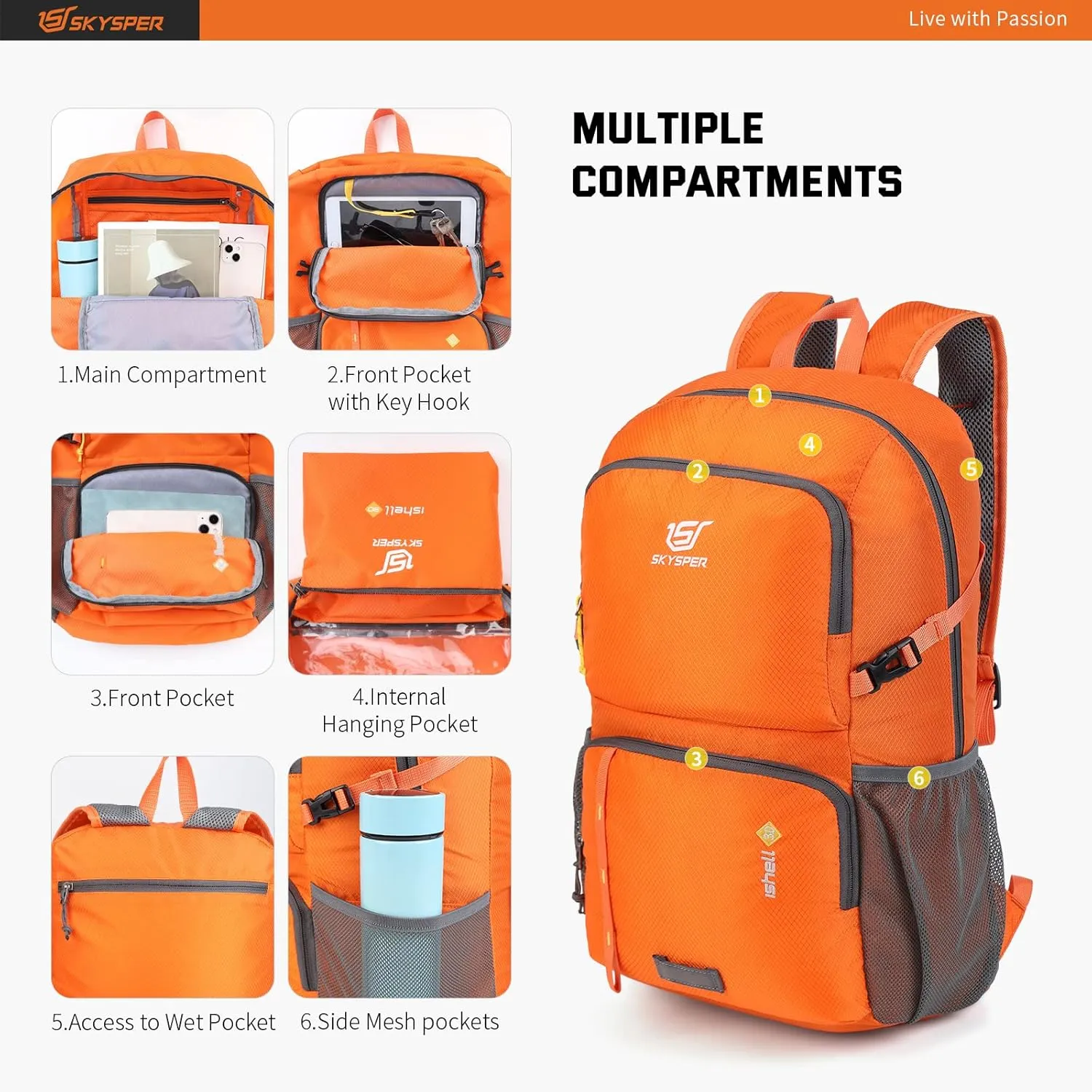 SKYSPER Lightweight Packable Backpack - 30L Hiking Daypack with Wet Pocket Foldable Travel Carry-on Backpack for Women Men